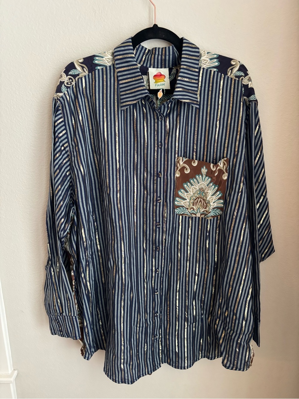 FARM Rio NWT Navy and Brown Striped Button-Down with Floral Pocket